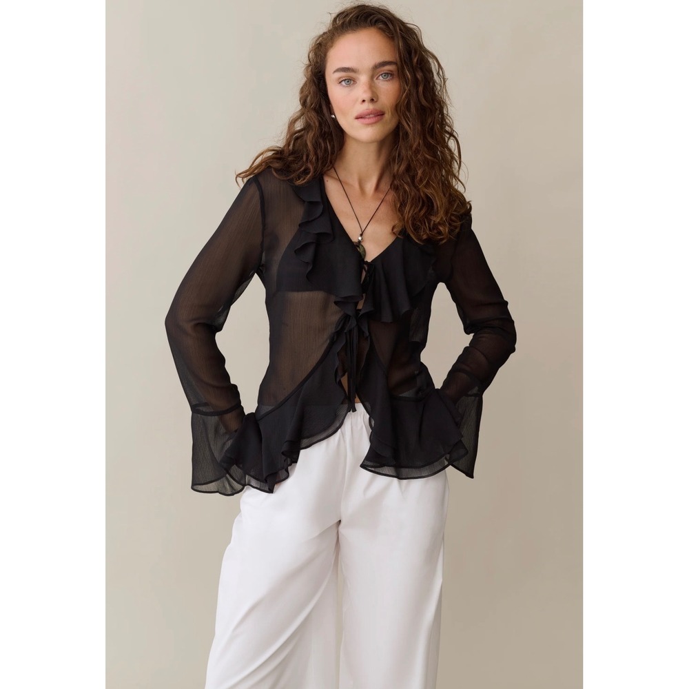Kourt Women Black Ruffle Sheer Blouse V-Neck Long Sleeve Top K26WTPS04480 Size 4